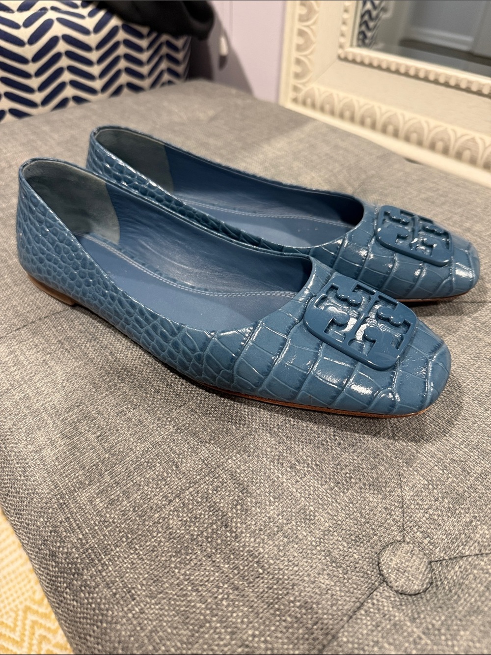 Tory Burch Blue Croc-Embossed Logo Ballet Flats